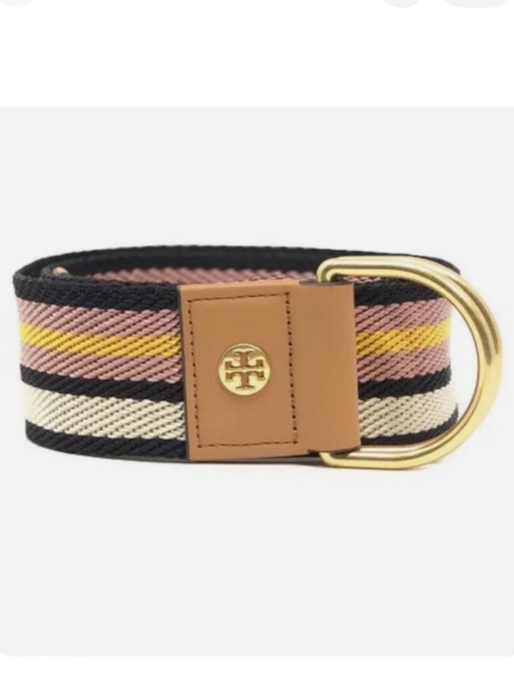 Tory Burch Web Belt Multicolor Stripe Brown Leather Buckle Gold Tone D Ring XS